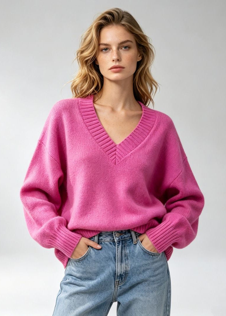 Oversized V-Neck Knit Sweater with Ribbed Trim