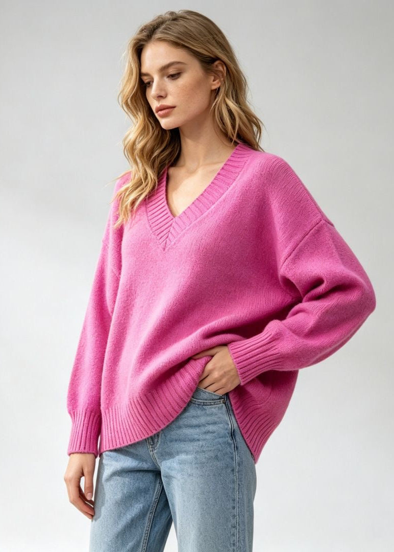Oversized V-Neck Knit Sweater with Ribbed Trim