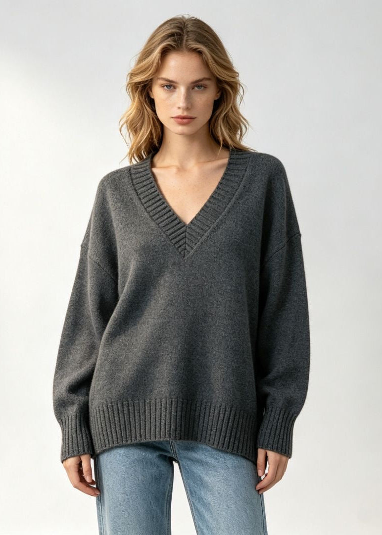 Oversized V-Neck Knit Sweater with Ribbed Trim