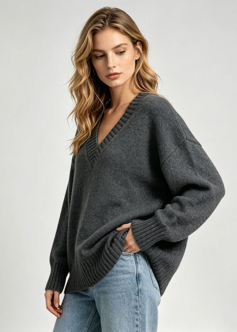 Oversized V-Neck Knit Sweater with Ribbed Trim