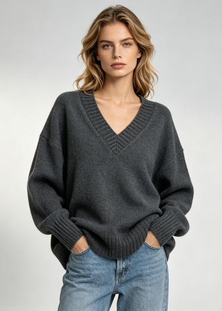 Oversized V-Neck Knit Sweater with Ribbed Trim