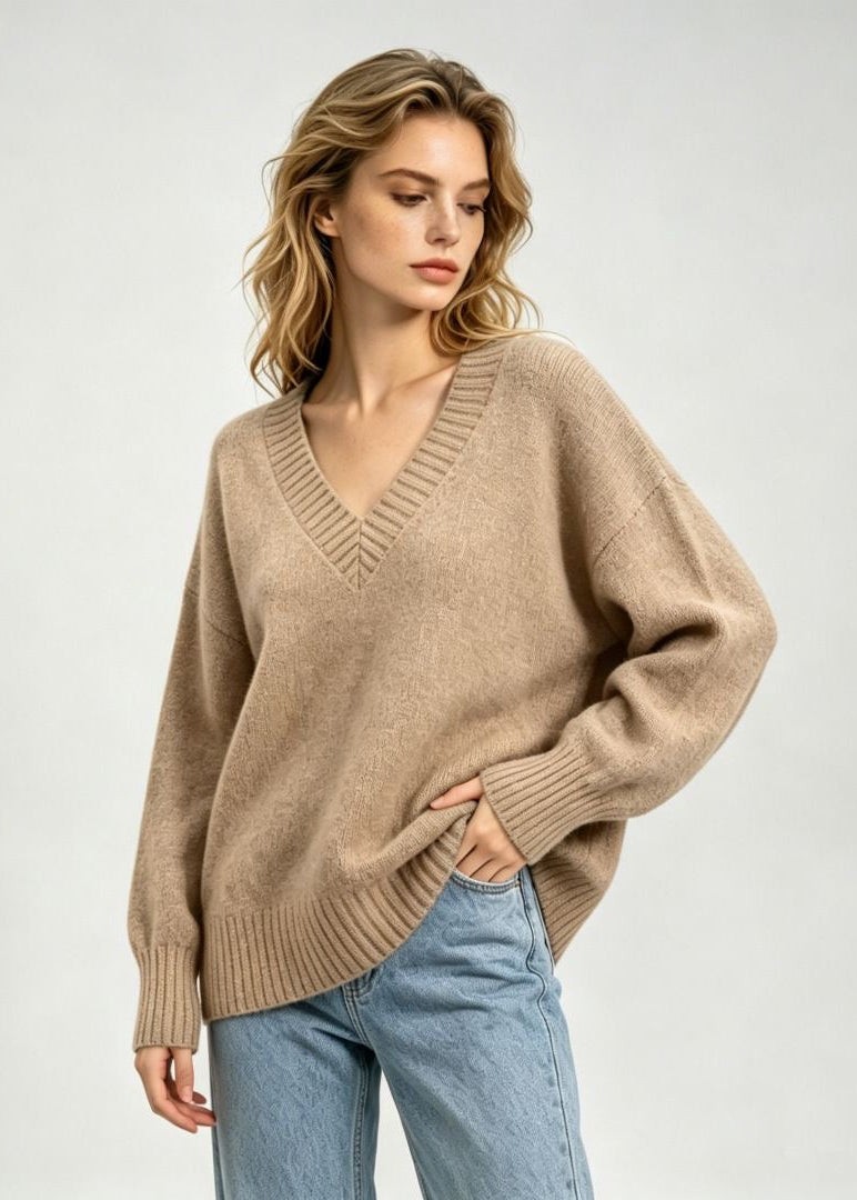 Oversized V-Neck Knit Sweater with Ribbed Trim