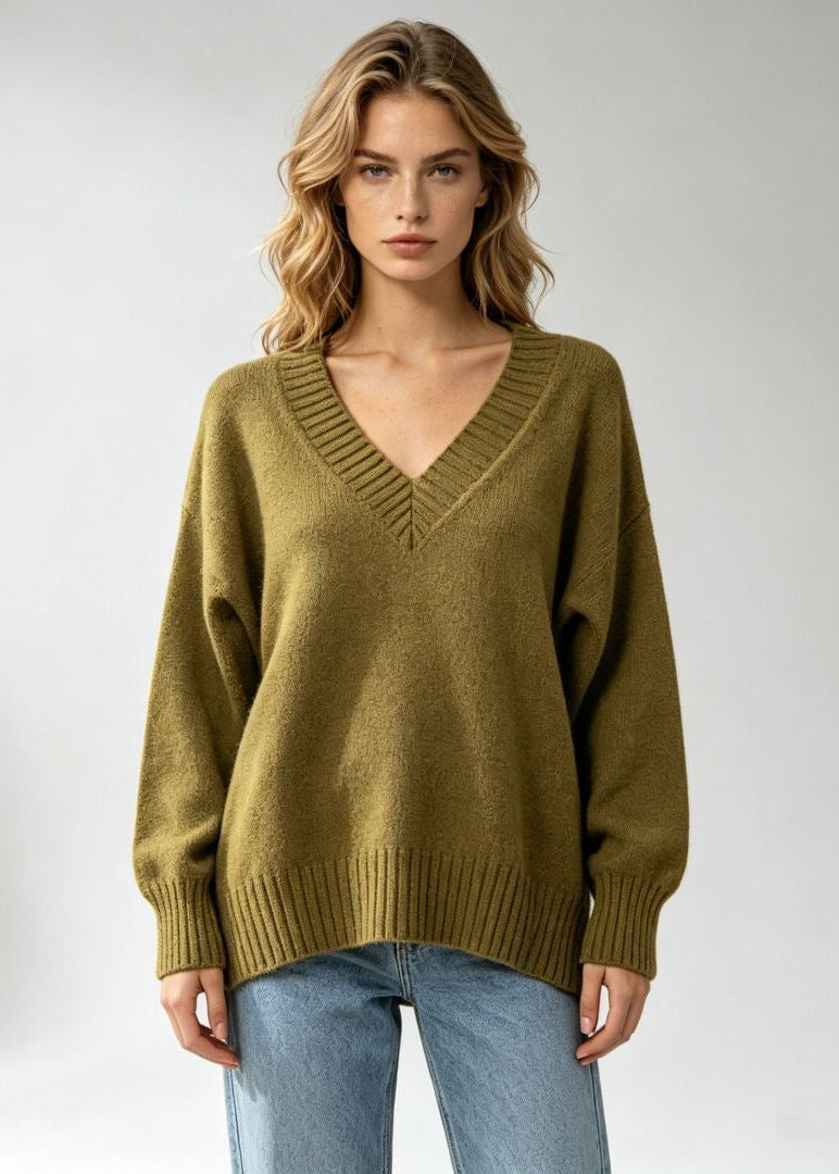 Oversized V-Neck Knit Sweater with Ribbed Trim