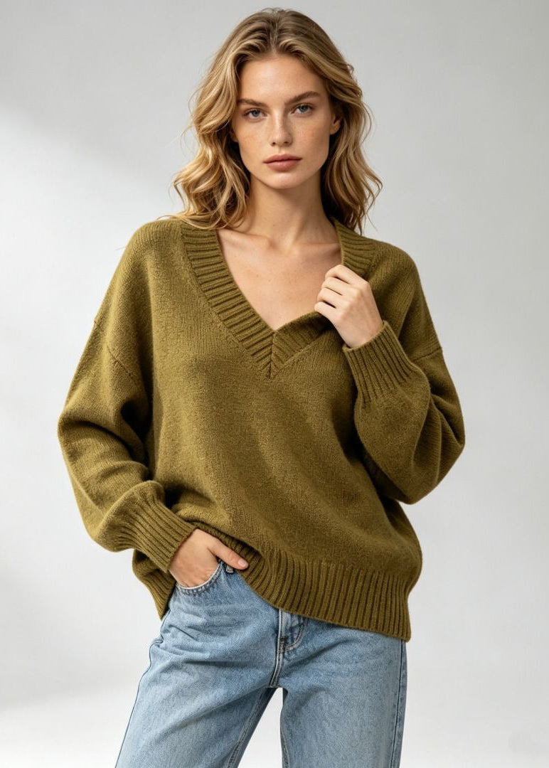 Oversized V-Neck Knit Sweater with Ribbed Trim