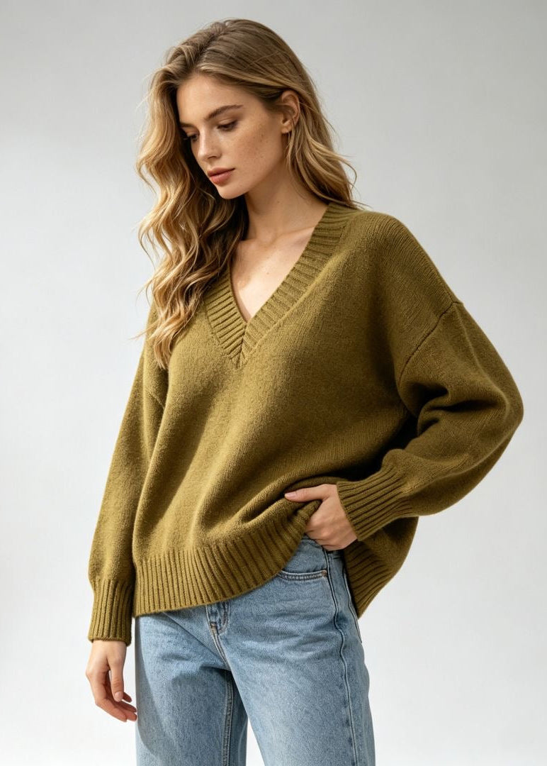 Oversized V-Neck Knit Sweater with Ribbed Trim