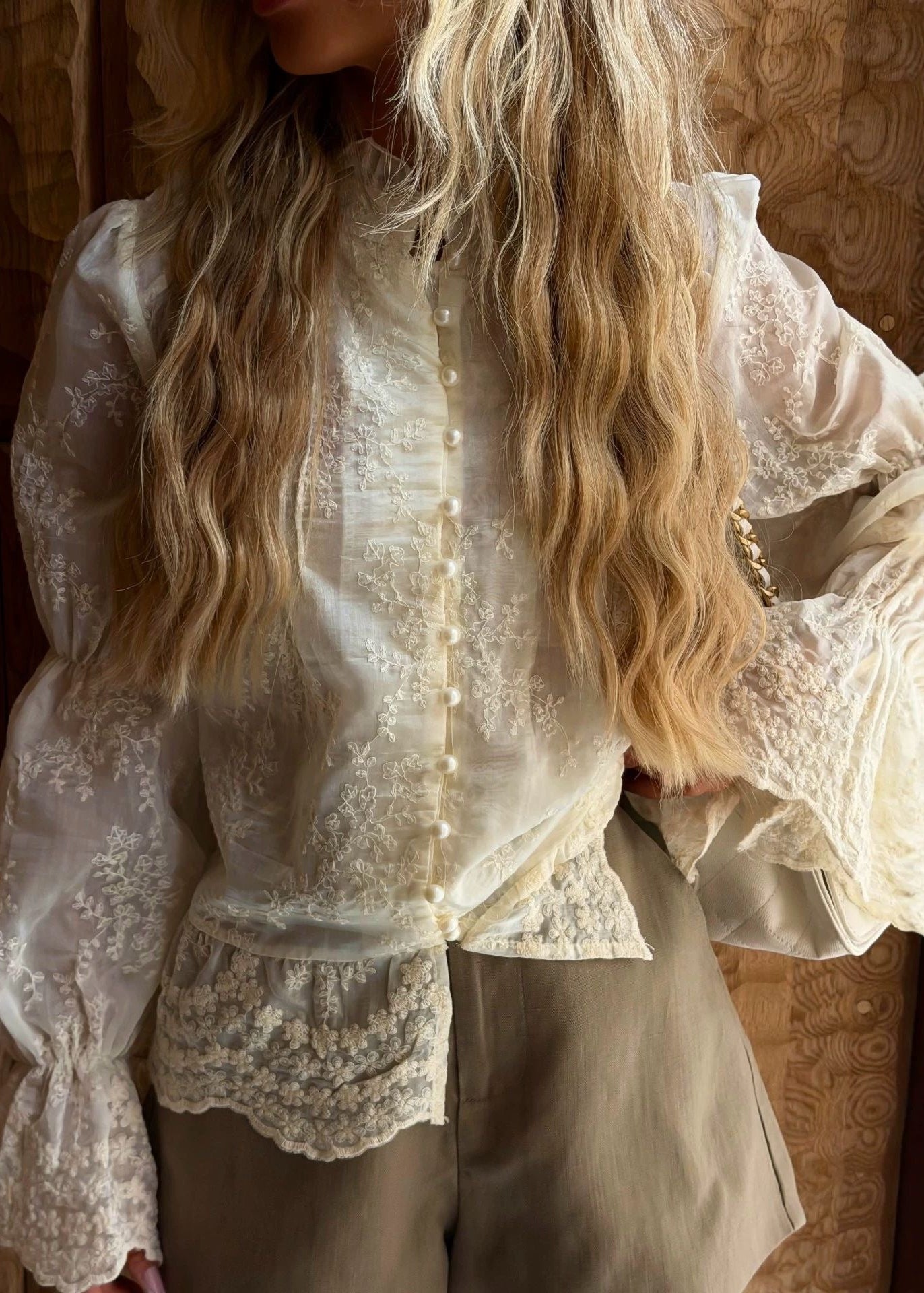 Ivory Embroidered Blouse with Pearl-Look Buttons and Flared Cuffs