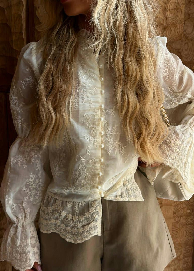 Ivory Embroidered Blouse with Pearl-Look Buttons and Flared Cuffs