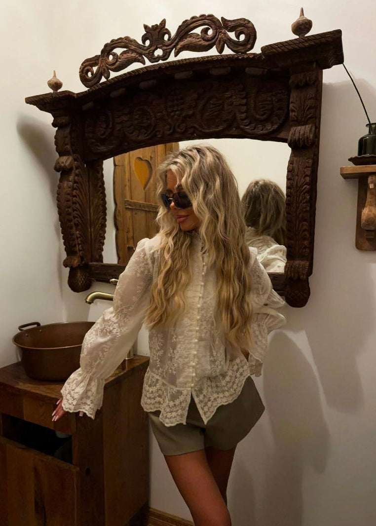 Ivory Embroidered Blouse with Pearl-Look Buttons and Flared Cuffs