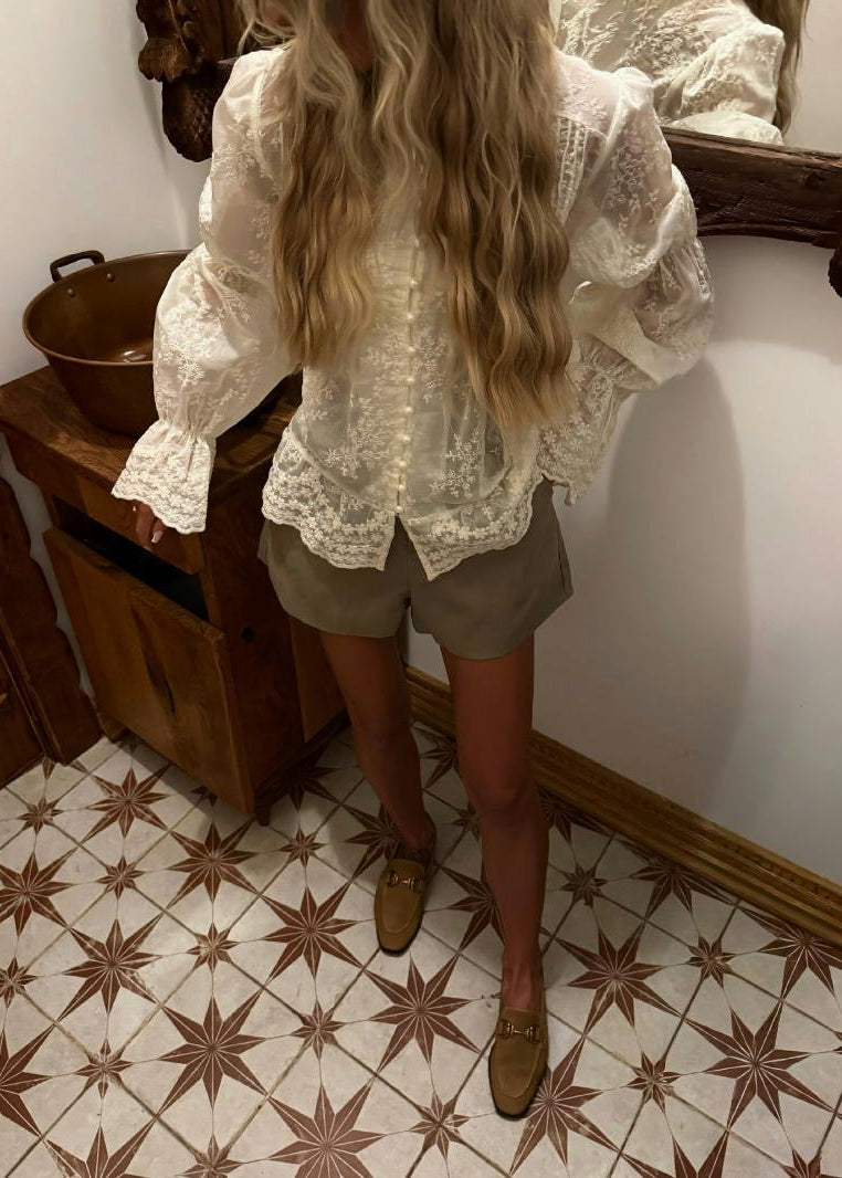 Ivory Embroidered Blouse with Pearl-Look Buttons and Flared Cuffs