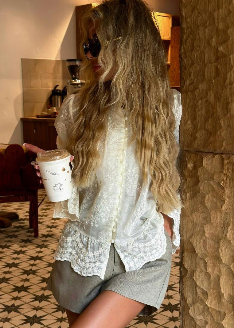 Ivory Embroidered Blouse with Pearl-Look Buttons and Flared Cuffs