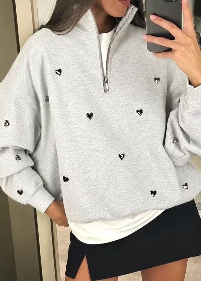 Gray Heart Detail Half-Zip Sweatshirt with Stand Collar
