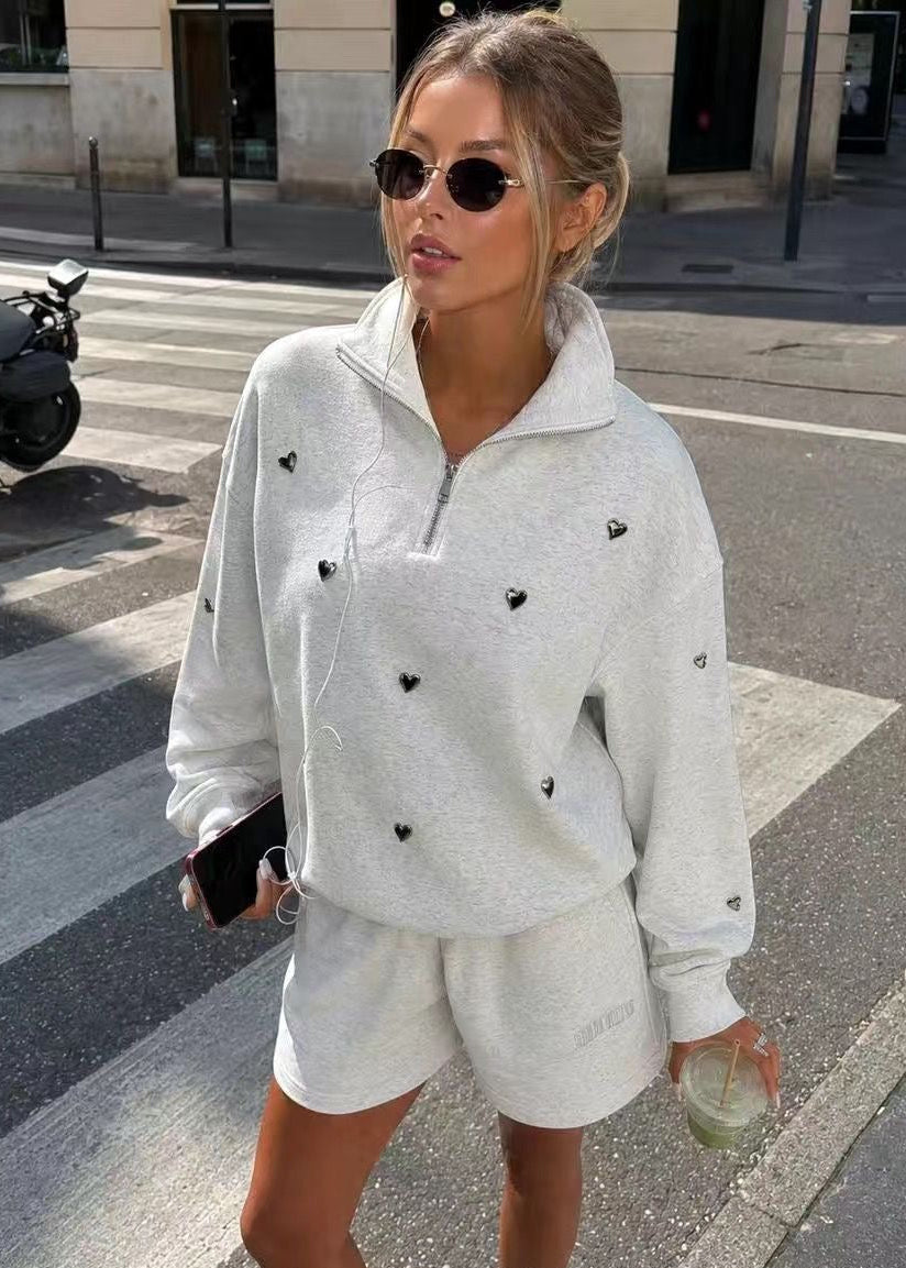 Gray Heart Detail Half-Zip Sweatshirt with Stand Collar