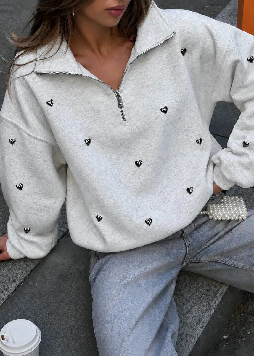 Gray Heart Detail Half-Zip Sweatshirt with Stand Collar