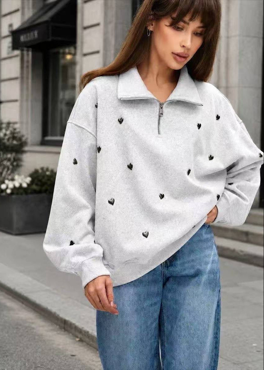 Gray Heart Detail Half-Zip Sweatshirt with Stand Collar