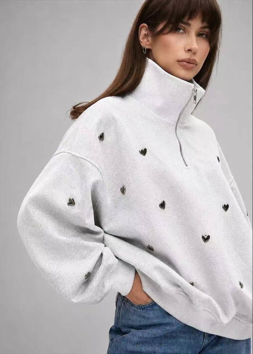 Gray Heart Detail Half-Zip Sweatshirt with Stand Collar