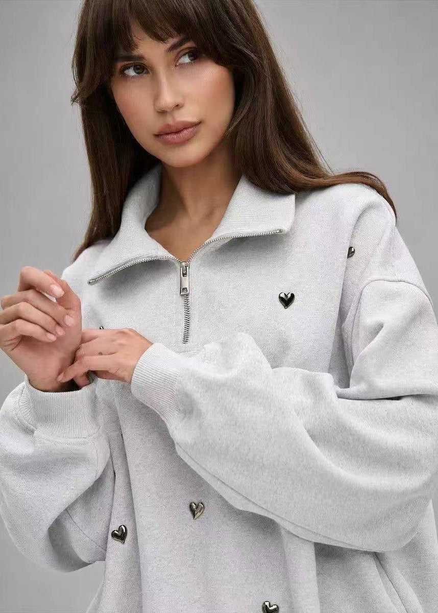 Gray Heart Detail Half-Zip Sweatshirt with Stand Collar
