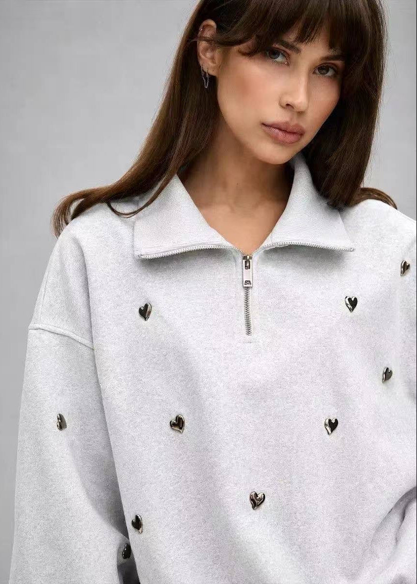 Gray Heart Detail Half-Zip Sweatshirt with Stand Collar