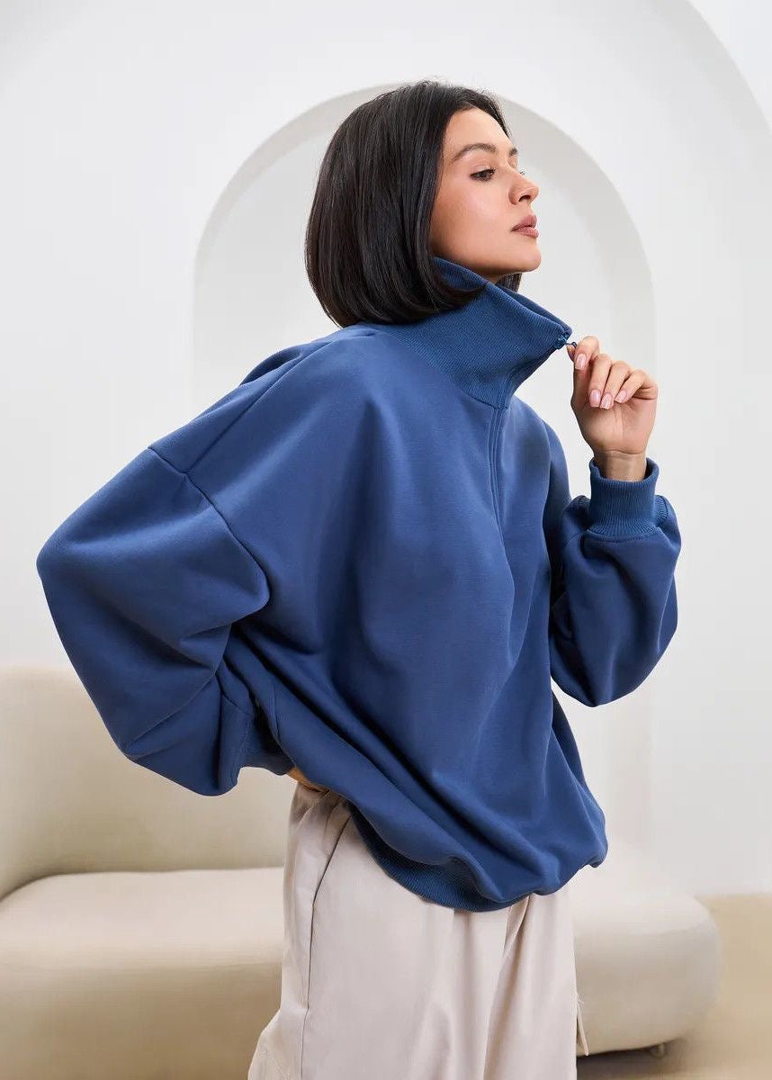 High-Neck Half-Zip Sweatshirt with Dropped Shoulders