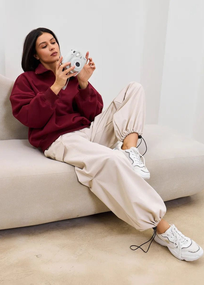 High-Neck Half-Zip Sweatshirt with Dropped Shoulders