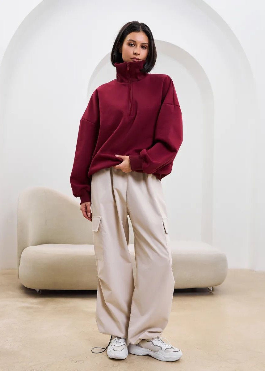 High-Neck Half-Zip Sweatshirt with Dropped Shoulders