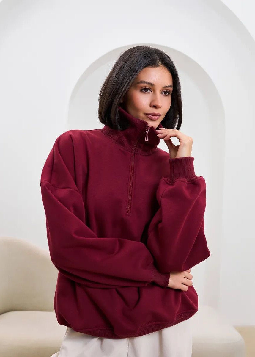 High-Neck Half-Zip Sweatshirt with Dropped Shoulders
