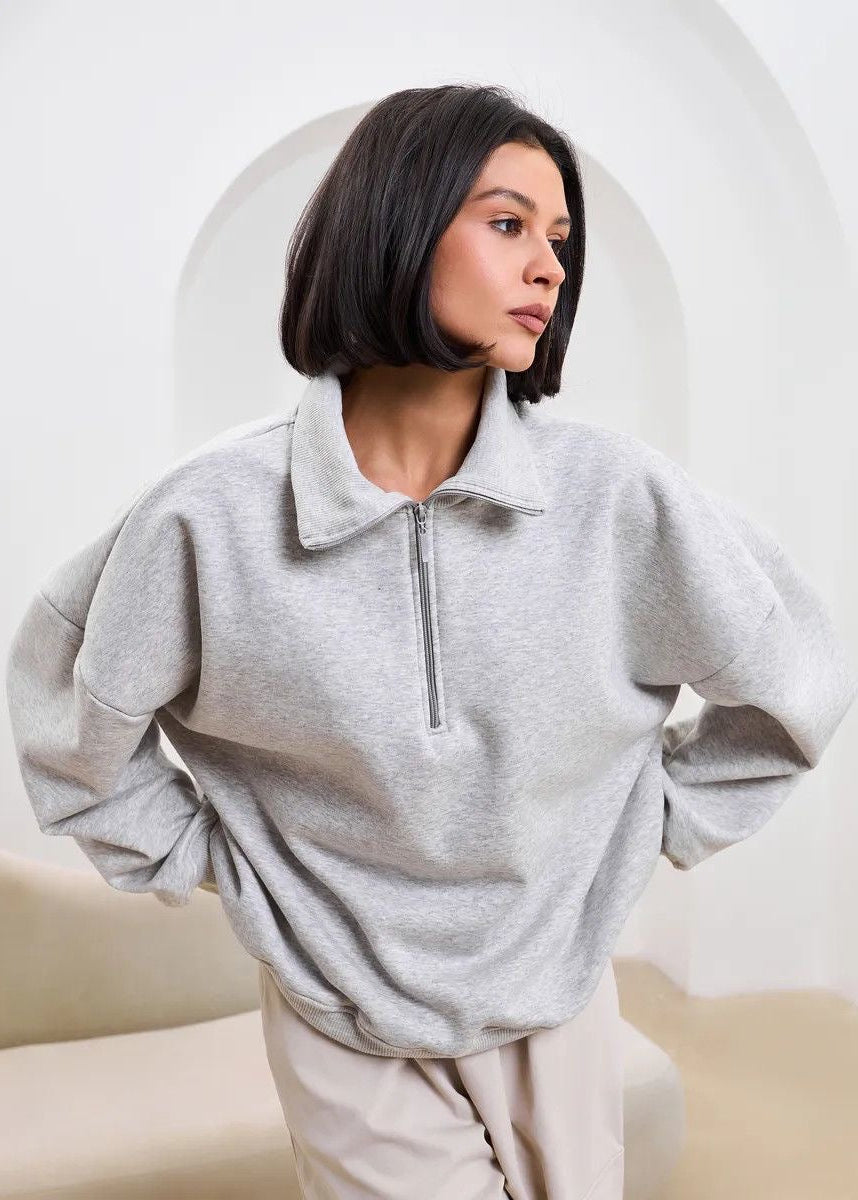 High-Neck Half-Zip Sweatshirt with Dropped Shoulders