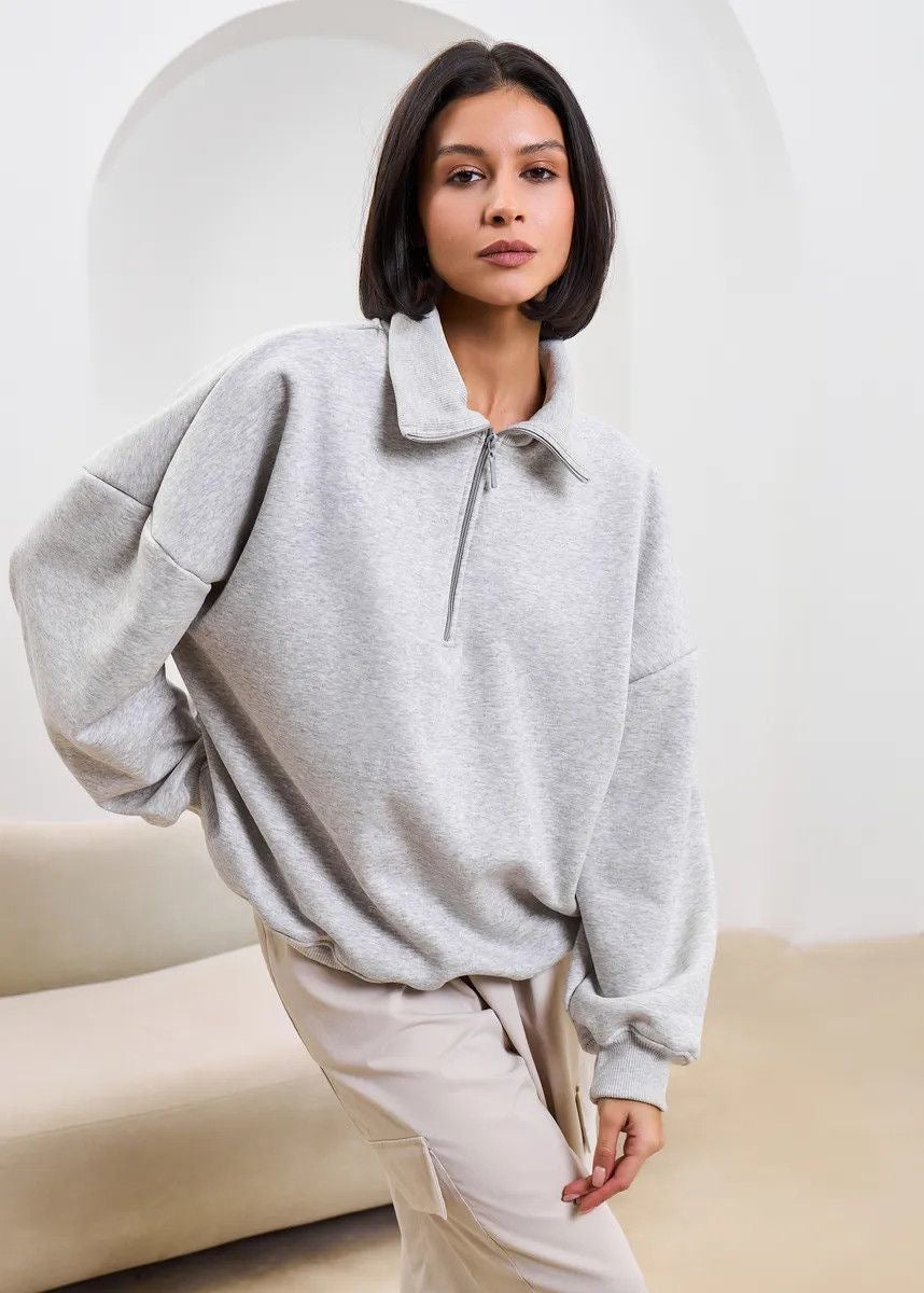 High-Neck Half-Zip Sweatshirt with Dropped Shoulders