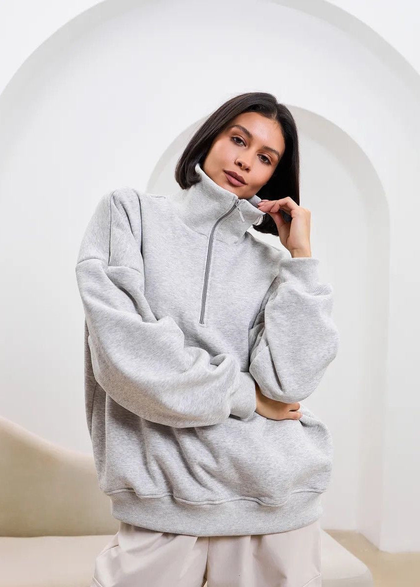 High-Neck Half-Zip Sweatshirt with Dropped Shoulders
