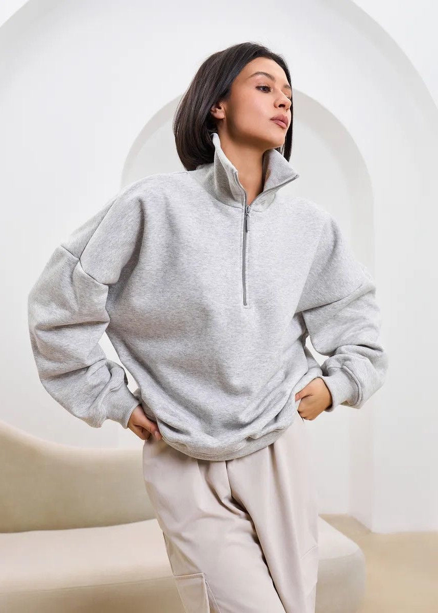 High-Neck Half-Zip Sweatshirt with Dropped Shoulders