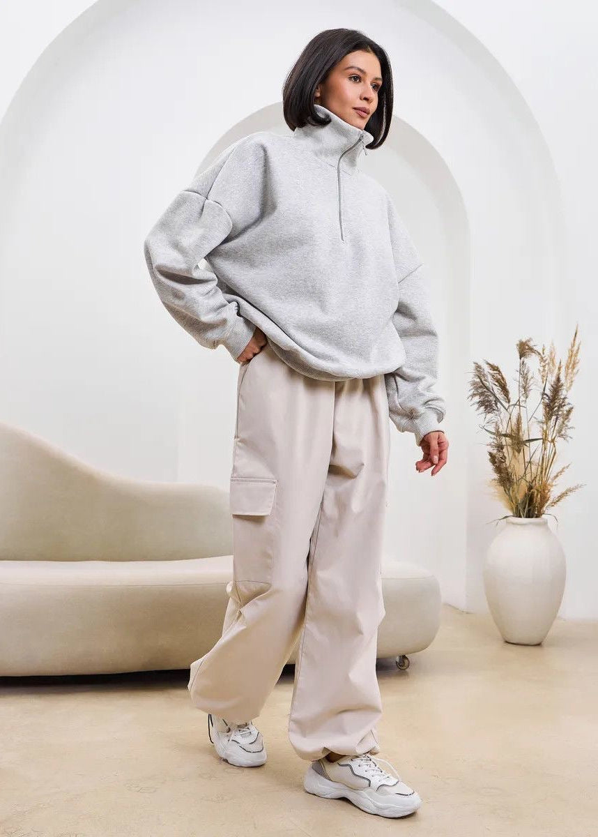 High-Neck Half-Zip Sweatshirt with Dropped Shoulders