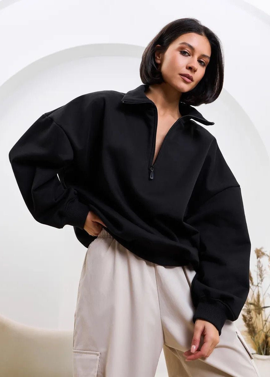 High-Neck Half-Zip Sweatshirt with Dropped Shoulders