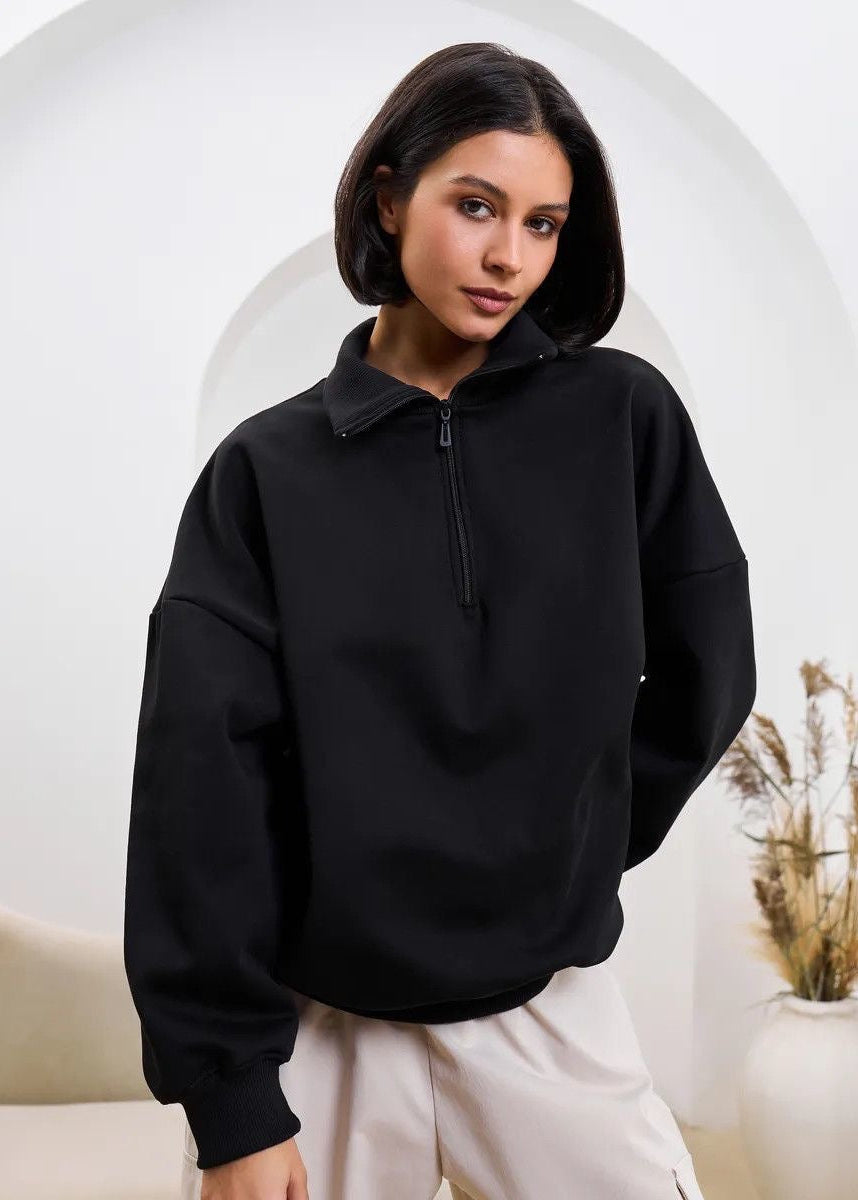 High-Neck Half-Zip Sweatshirt with Dropped Shoulders