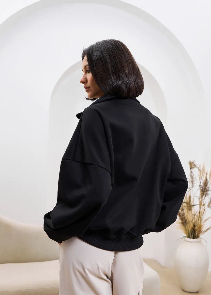 High-Neck Half-Zip Sweatshirt with Dropped Shoulders