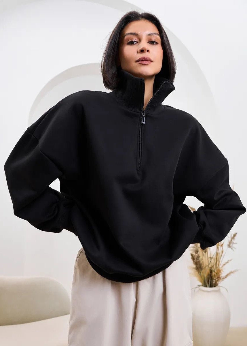 High-Neck Half-Zip Sweatshirt with Dropped Shoulders
