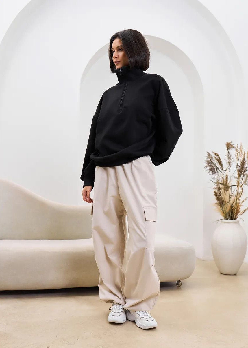 High-Neck Half-Zip Sweatshirt with Dropped Shoulders