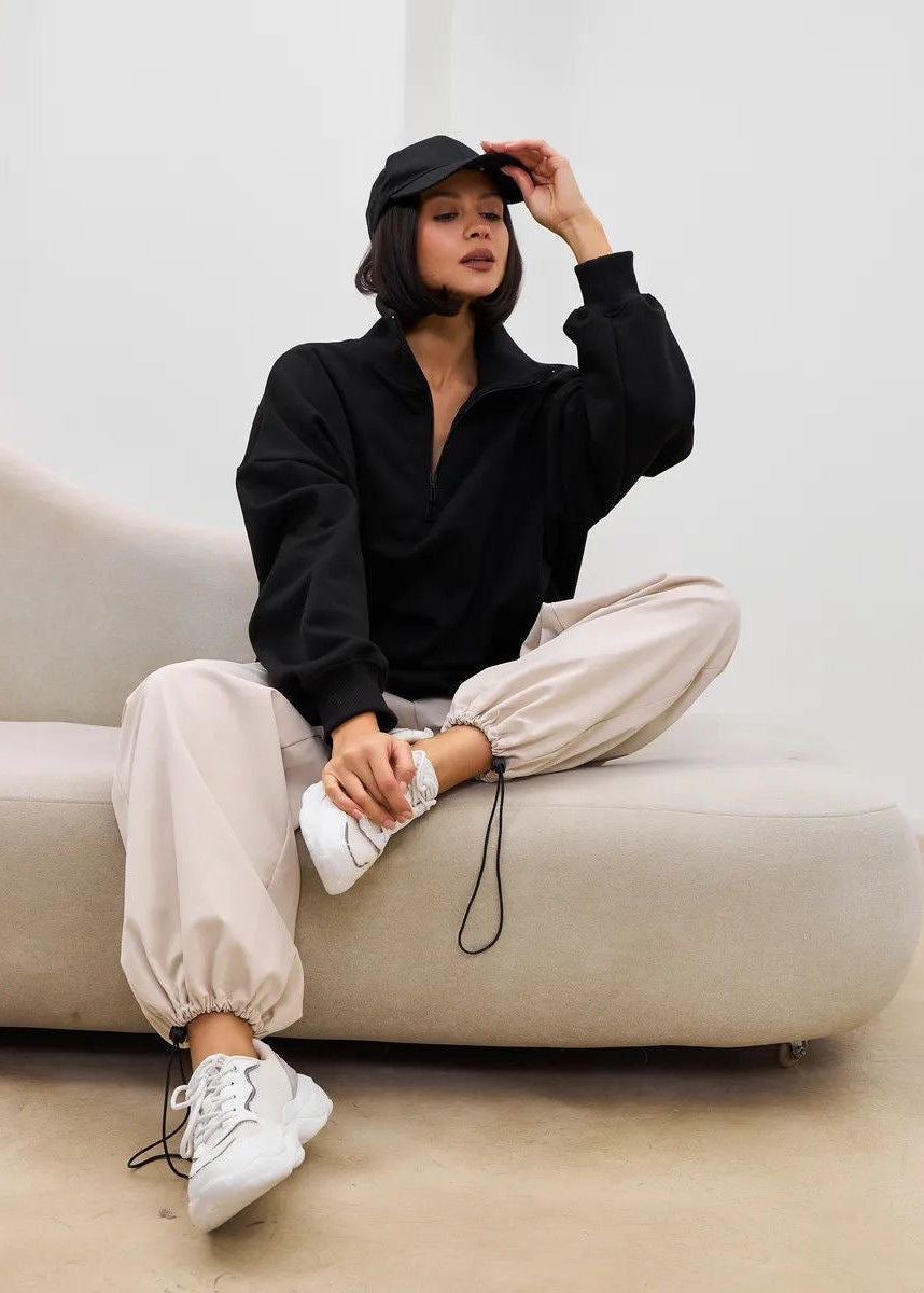 High-Neck Half-Zip Sweatshirt with Dropped Shoulders