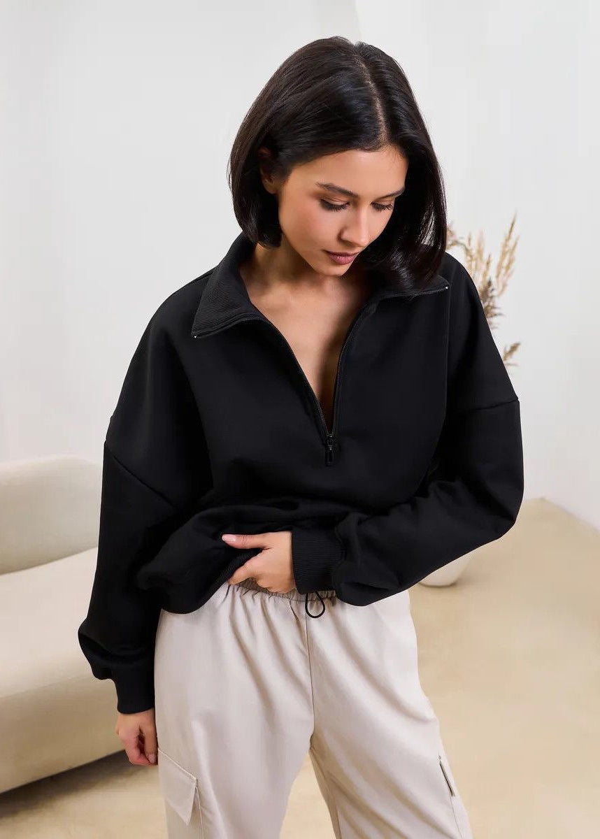 High-Neck Half-Zip Sweatshirt with Dropped Shoulders