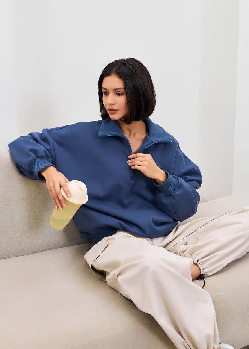 High-Neck Half-Zip Sweatshirt with Dropped Shoulders