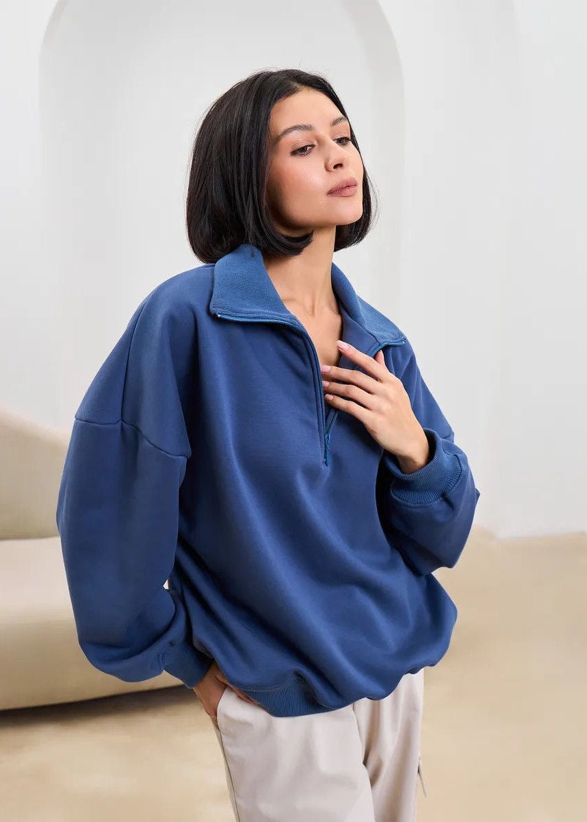 High-Neck Half-Zip Sweatshirt with Dropped Shoulders