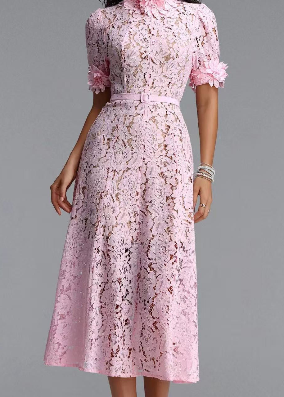 Floral Lace Midi Dress with 3D Flower Appliqués and Belt