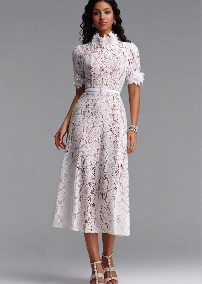 Floral Lace Midi Dress with 3D Flower Appliqués and Belt
