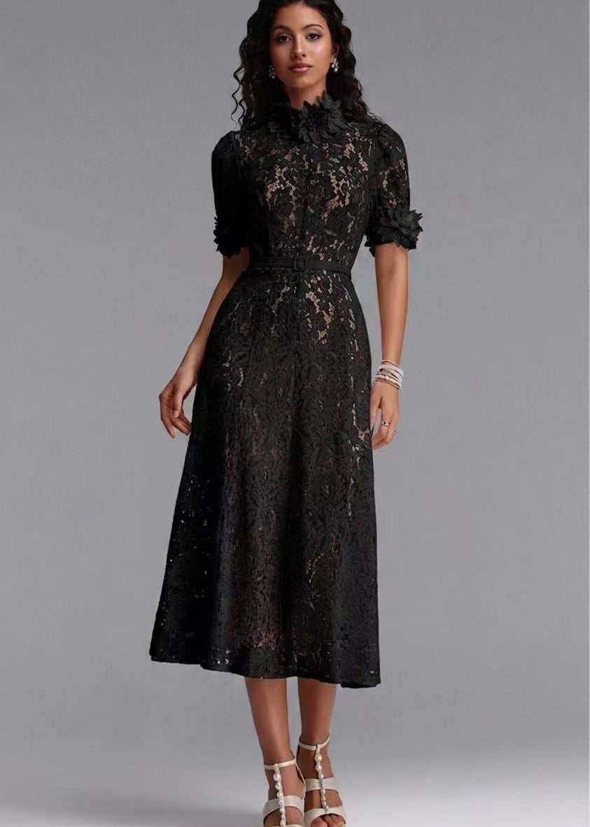 Floral Lace Midi Dress with 3D Flower Appliqués and Belt
