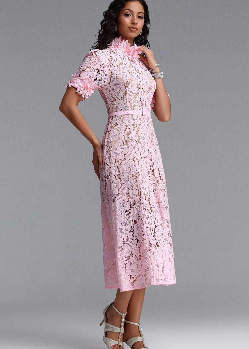 Floral Lace Midi Dress with 3D Flower Appliqués and Belt