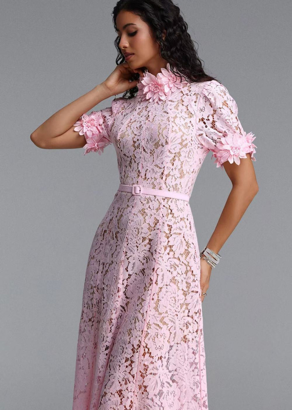 Floral Lace Midi Dress with 3D Flower Appliqués and Belt