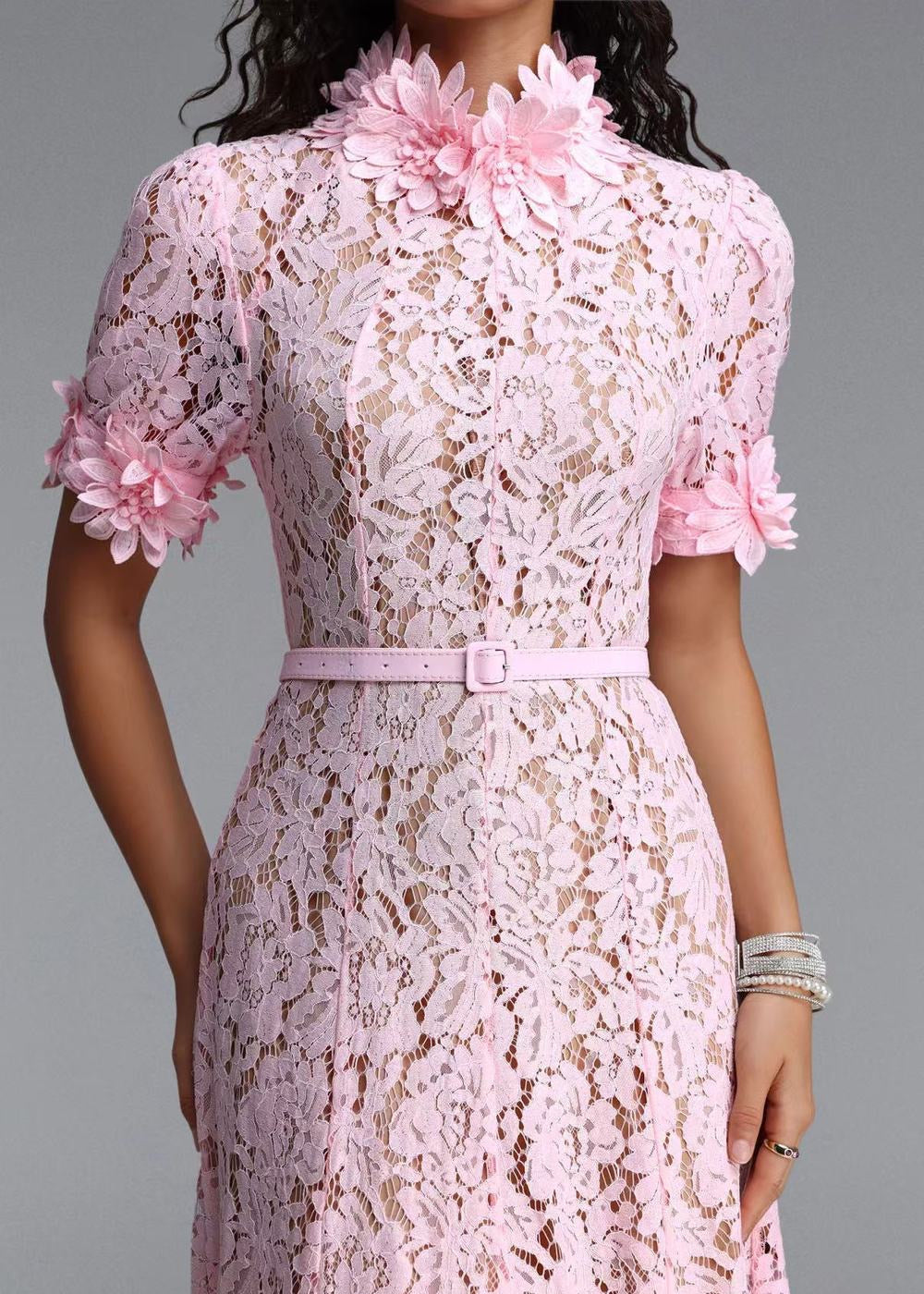 Floral Lace Midi Dress with 3D Flower Appliqués and Belt