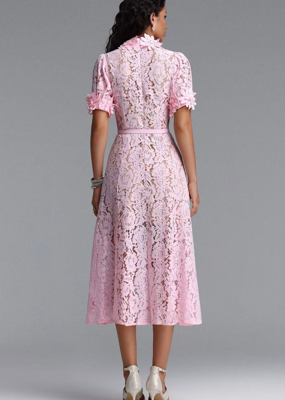 Floral Lace Midi Dress with 3D Flower Appliqués and Belt