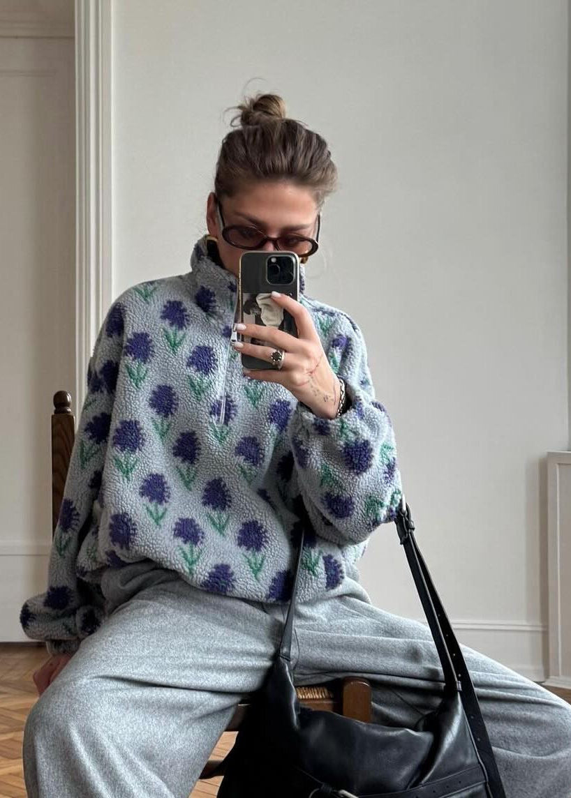 Gray Floral Sherpa Half-Zip Pullover with Stand Collar