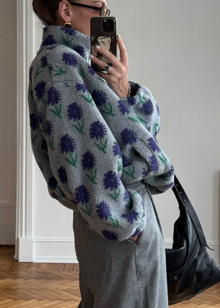Gray Floral Sherpa Half-Zip Pullover with Stand Collar
