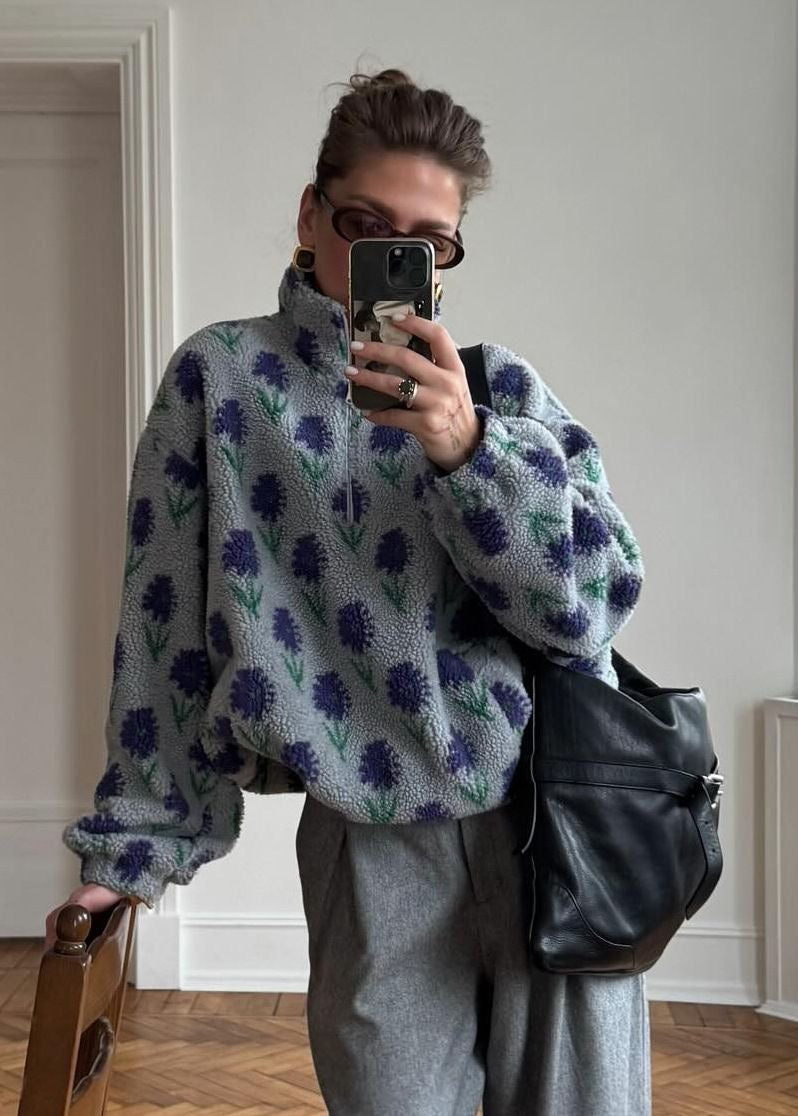 Gray Floral Sherpa Half-Zip Pullover with Stand Collar