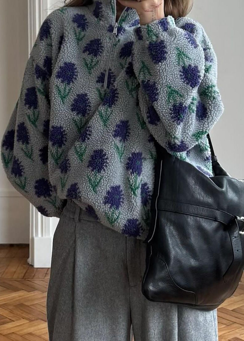 Gray Floral Sherpa Half-Zip Pullover with Stand Collar